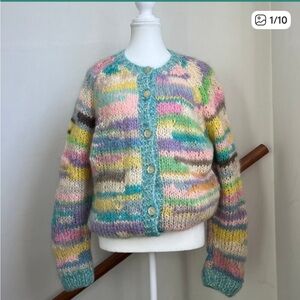 Vintage mohair blend chunky cardigan sweater artsy unique funky multicolored